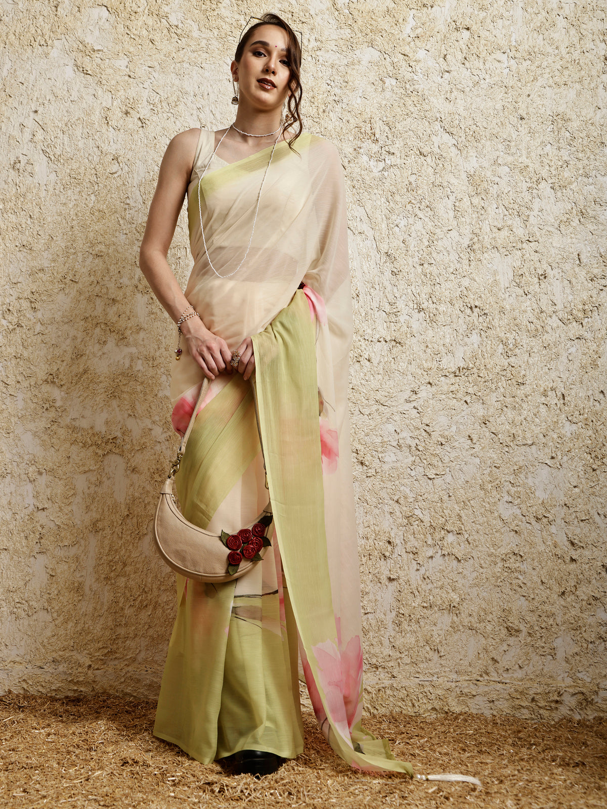 Floral Printed Saree- Petal Crush LimeyPink