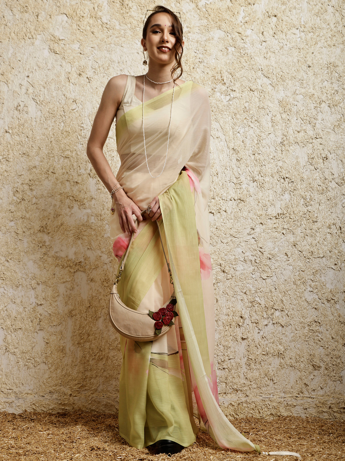 Floral Printed Saree- Petal Crush LimeyPink