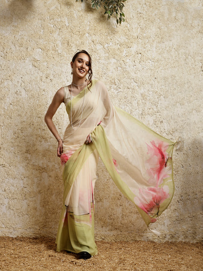 Floral Printed Saree- Petal Crush LimeyPink