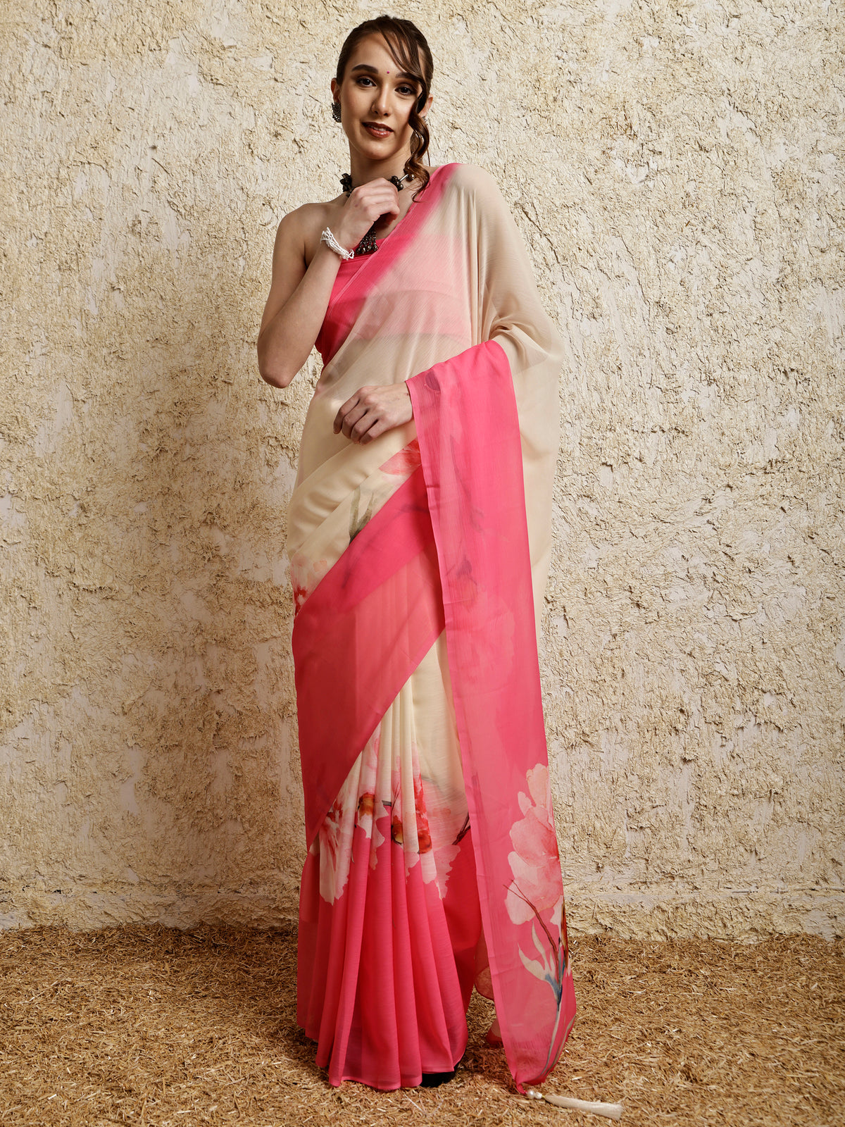 Floral Printed Saree- Petal Crush Pop Pink