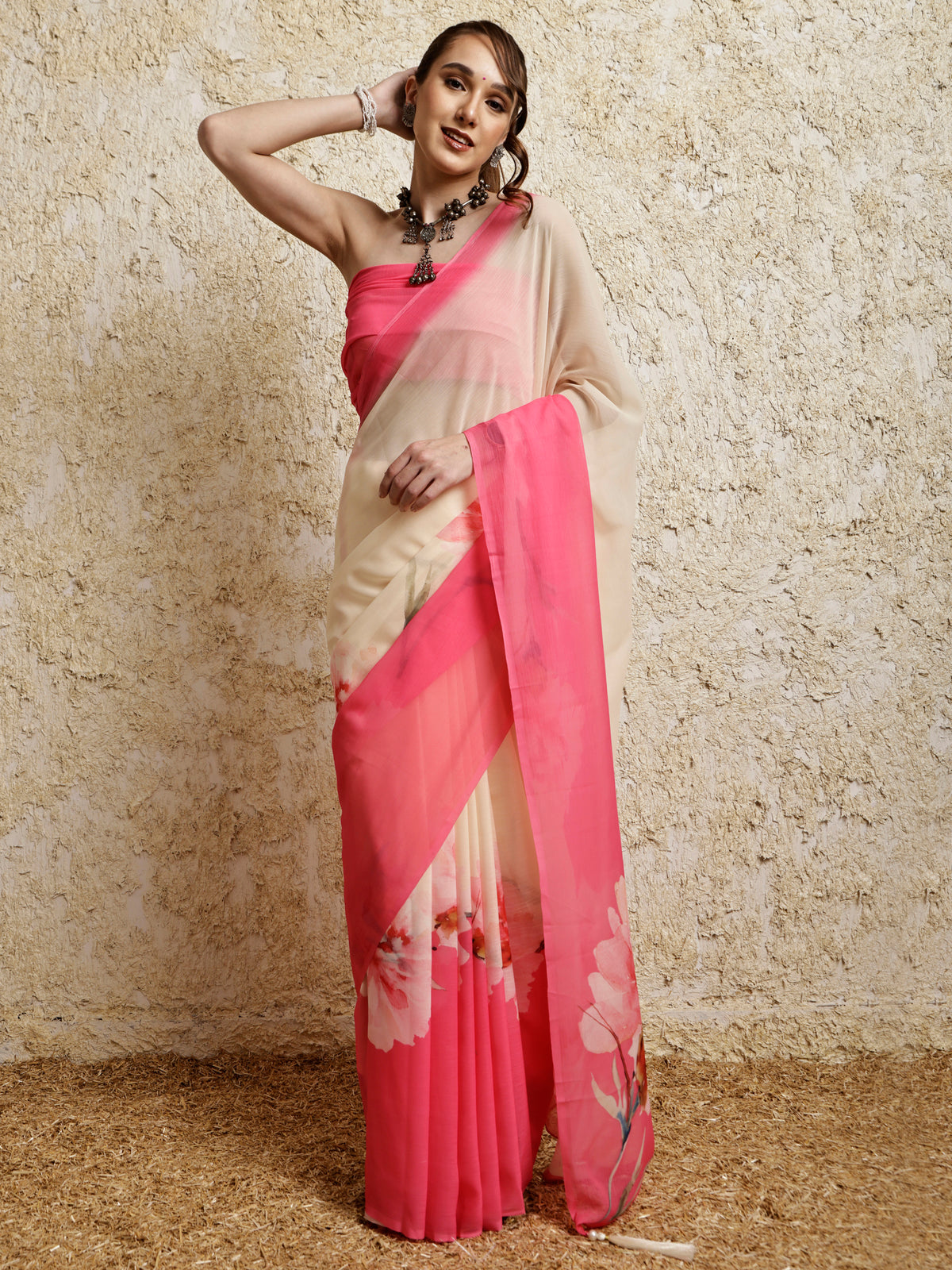 Floral Printed Saree- Petal Crush Pop Pink
