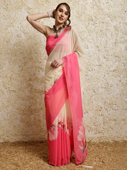 Floral Printed Saree- Petal Crush Pop Pink