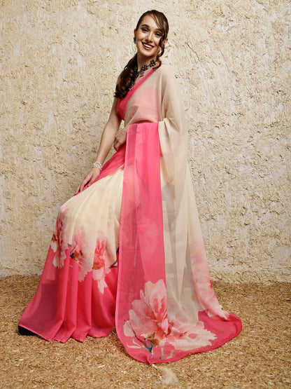 Floral Printed Saree- Petal Crush Pop Pink