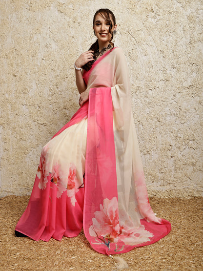 Floral Printed Saree- Petal Crush Pop Pink