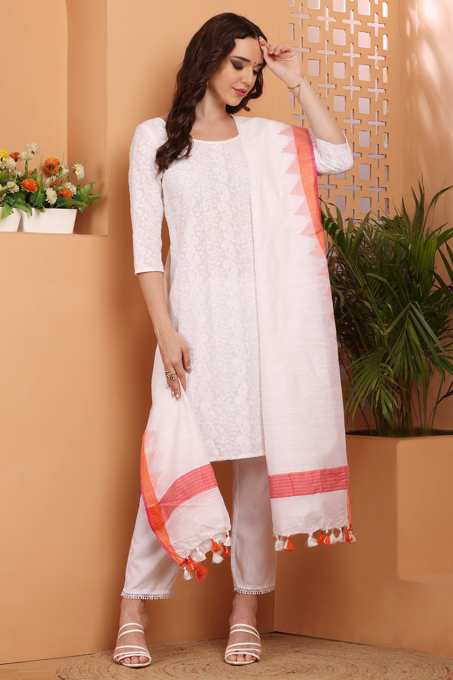 Dupatta-Cotton Slub Linen-White Temple