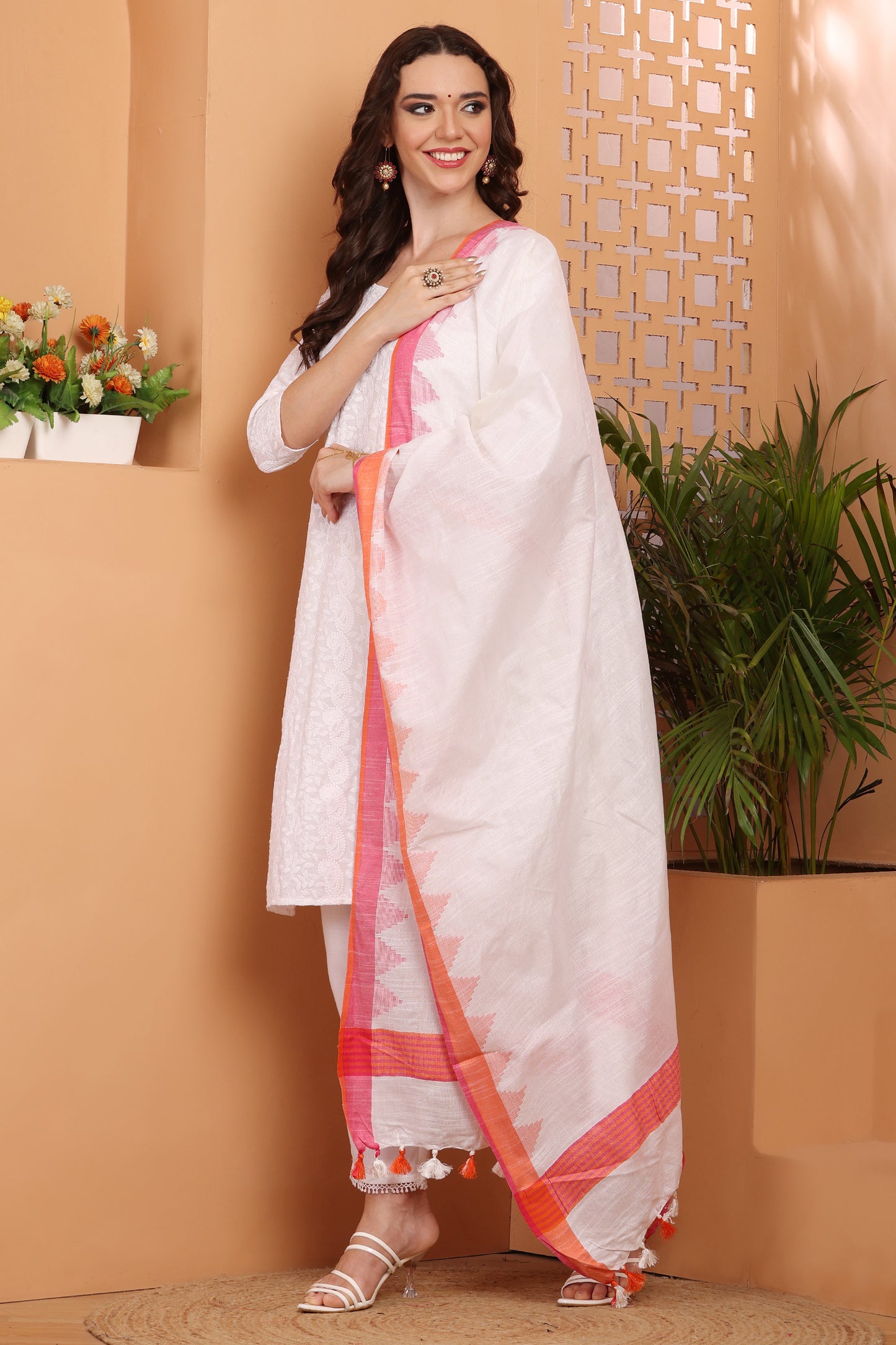 Dupatta-Cotton Slub Linen-White Temple