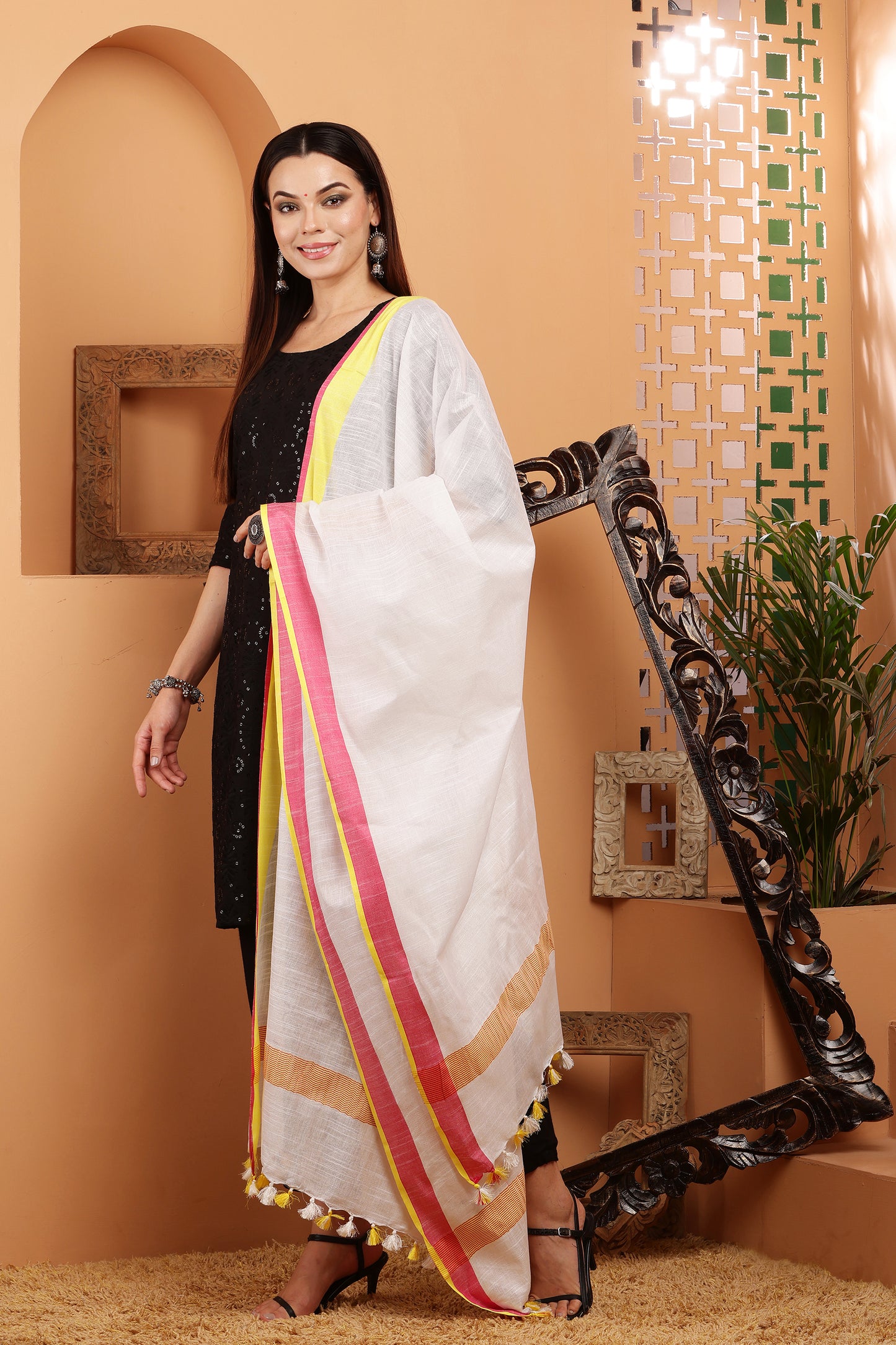 Dupatta-Cotton Slub Linen - White n Red n Yellow