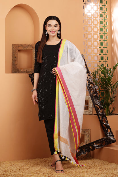 Dupatta-Cotton Slub Linen - White n Red n Yellow