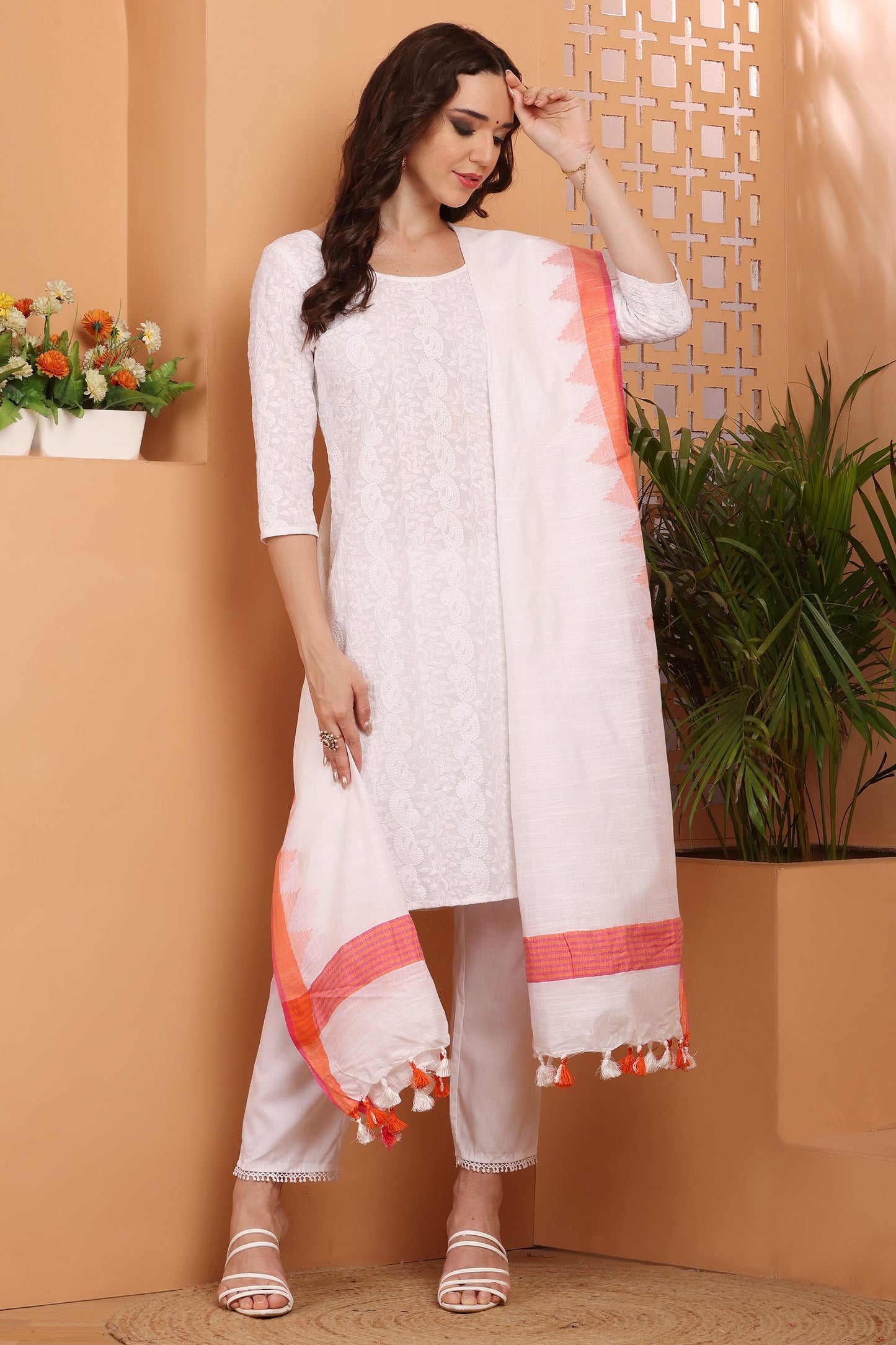 Dupatta-Cotton Slub Linen-White Temple