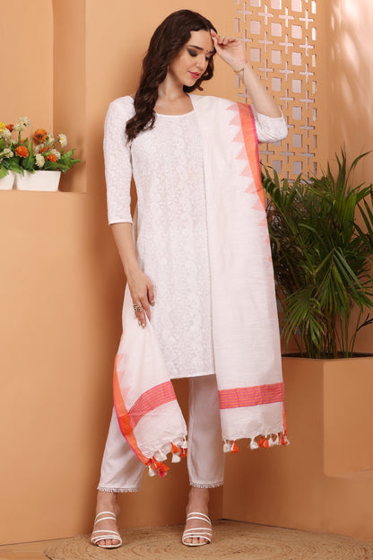 Dupatta-Cotton Slub Linen-White Temple