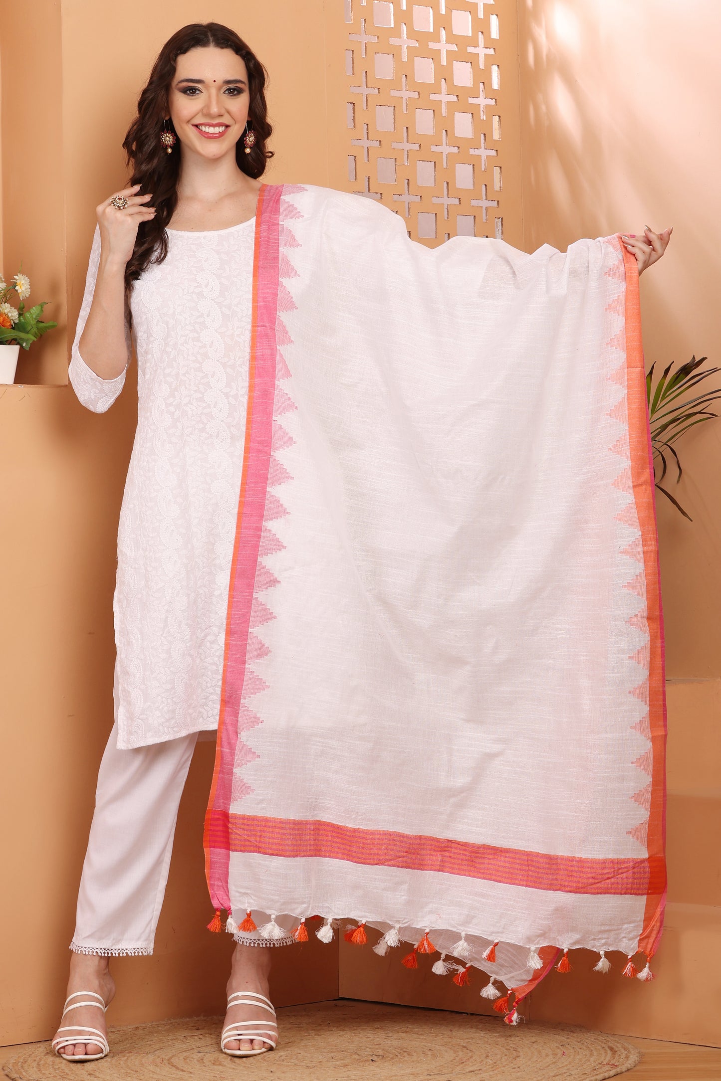 Dupatta-Cotton Slub Linen-White Temple