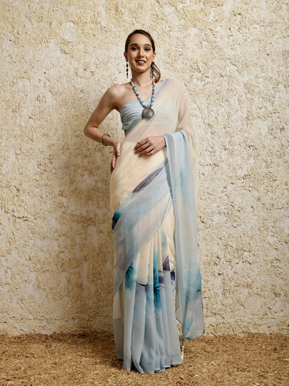 Floral Printed Saree- Petal Crush Blue