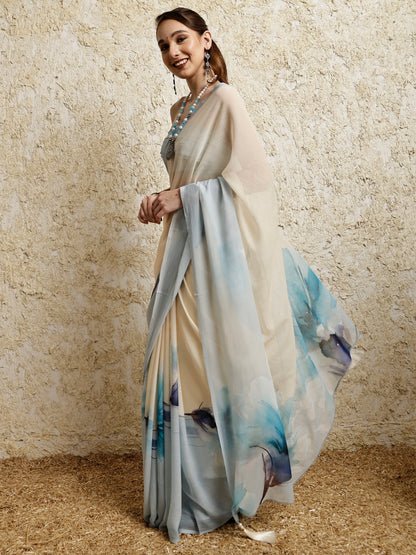Floral Printed Saree- Petal Crush Blue
