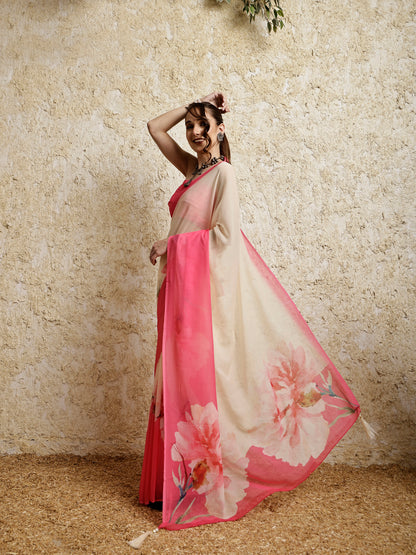 Floral Printed Saree- Petal Crush Pop Pink