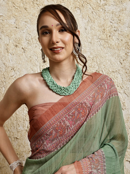 Madhubani Printed Saree- Green Twirl Twist