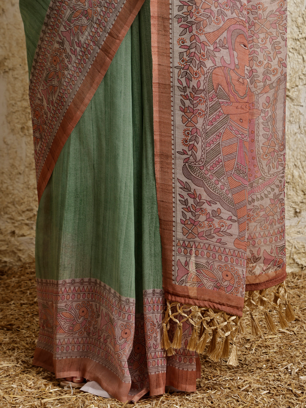Madhubani Printed Saree- Green Twirl Twist