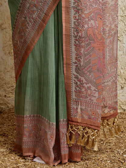 Madhubani Printed Saree- Green Twirl Twist