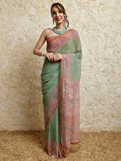 Madhubani Printed Saree- Green Twirl Twist