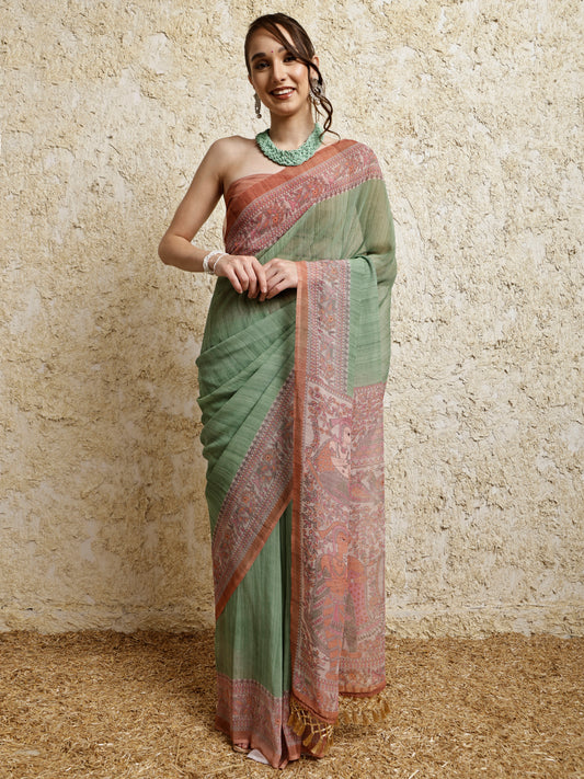 Madhubani Printed Saree- Green Twirl Twist