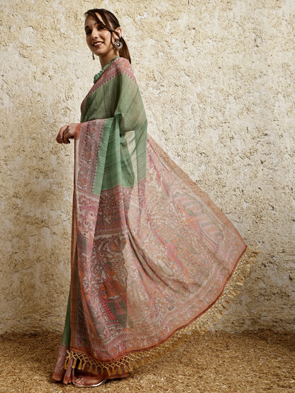 Madhubani Printed Saree- Green Twirl Twist