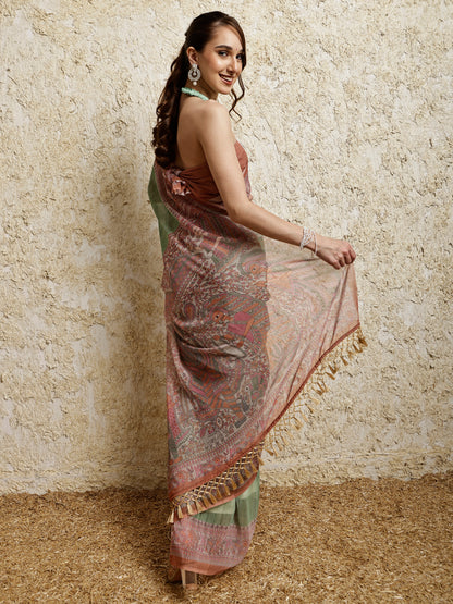 Madhubani Printed Saree- Green Twirl Twist