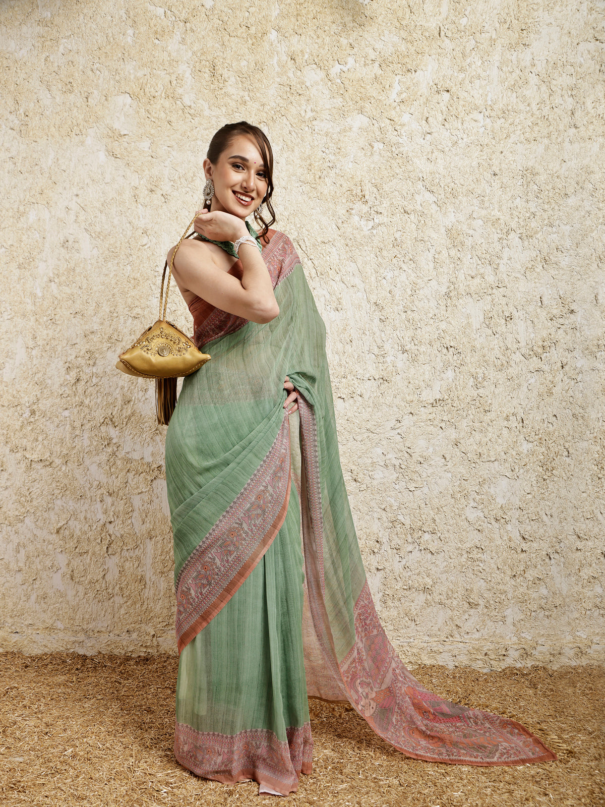 Madhubani Printed Saree- Green Twirl Twist