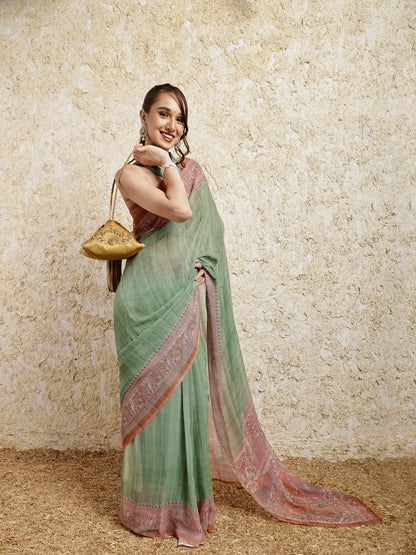 Madhubani Printed Saree- Green Twirl Twist
