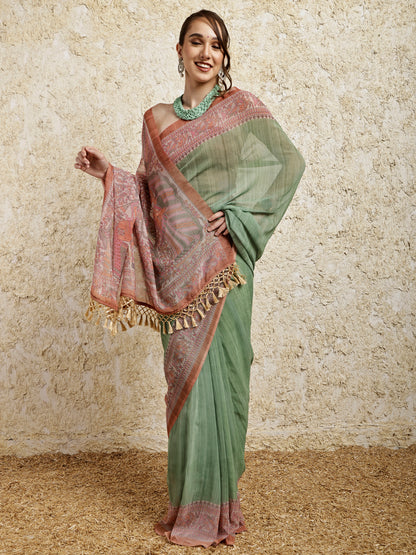 Madhubani Printed Saree- Green Twirl Twist