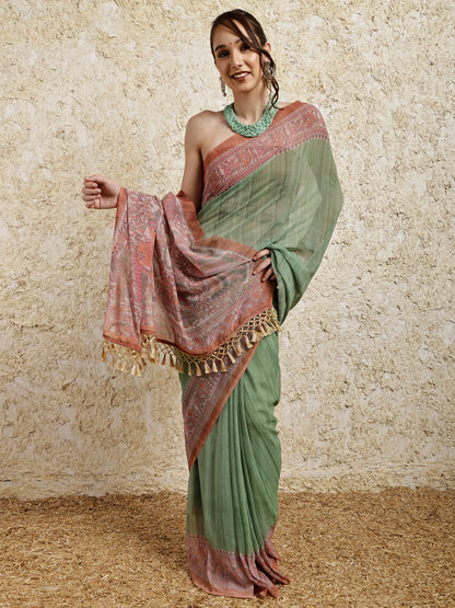 Madhubani Printed Saree- Green Twirl Twist