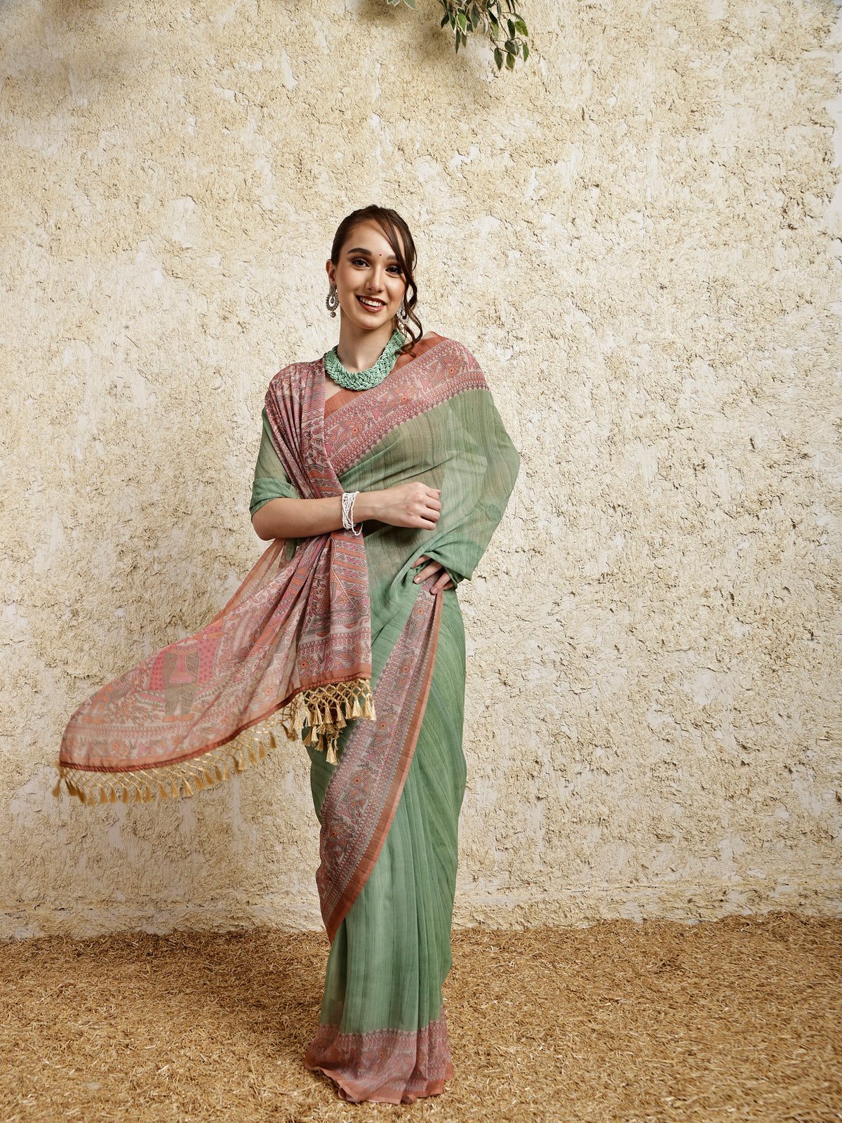 Madhubani Printed Saree- Green Twirl Twist