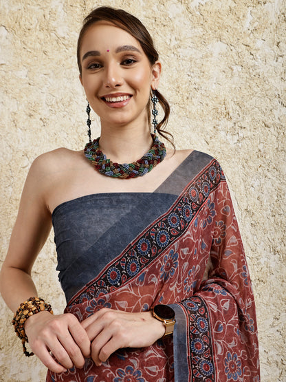 Ajrakh Printed Saree- Kahwa