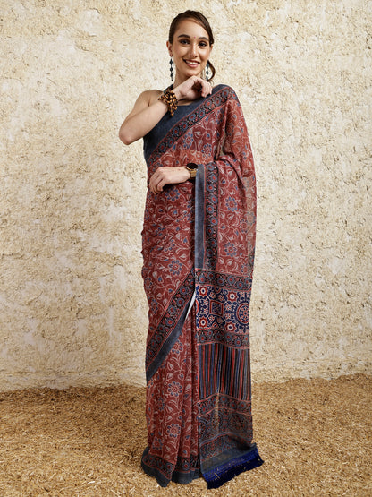 Ajrakh Printed Saree- Kahwa
