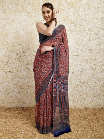Ajrakh Printed Saree- Kahwa