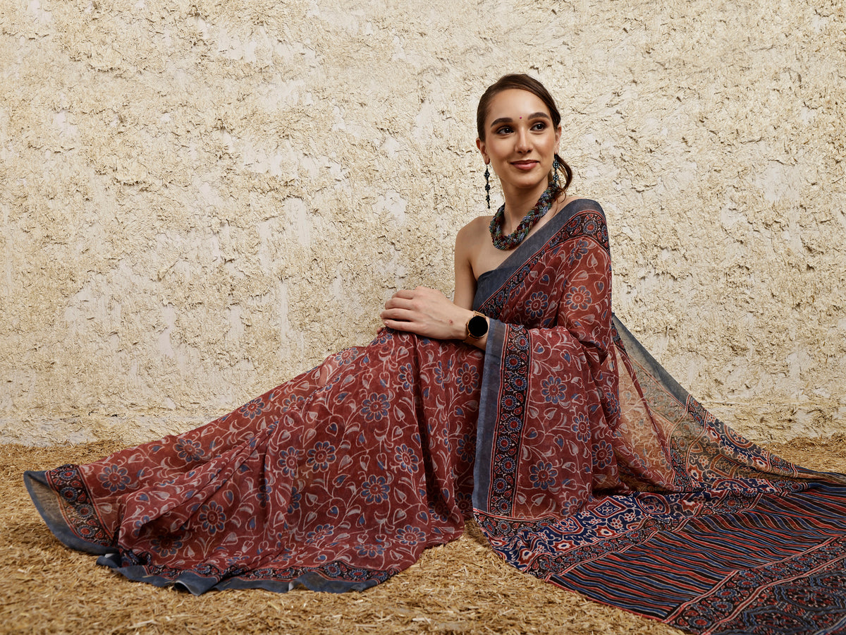 Ajrakh Printed Saree- Kahwa