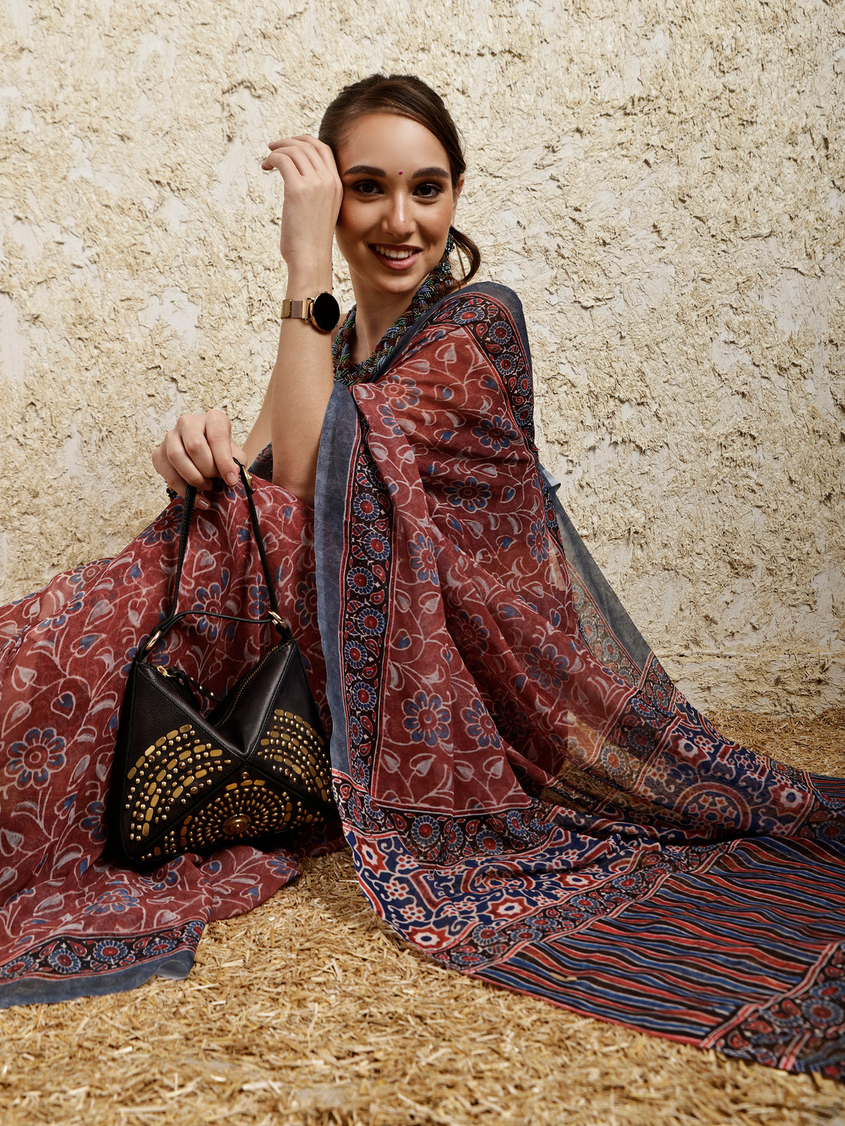 Ajrakh Printed Saree- Kahwa