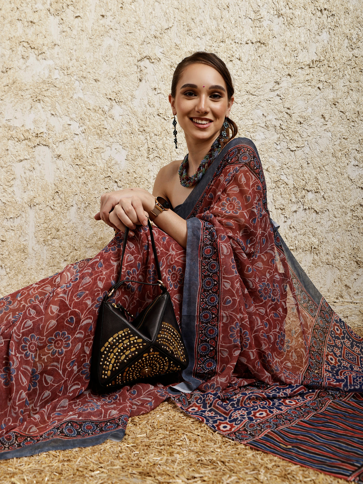 Ajrakh Printed Saree- Kahwa
