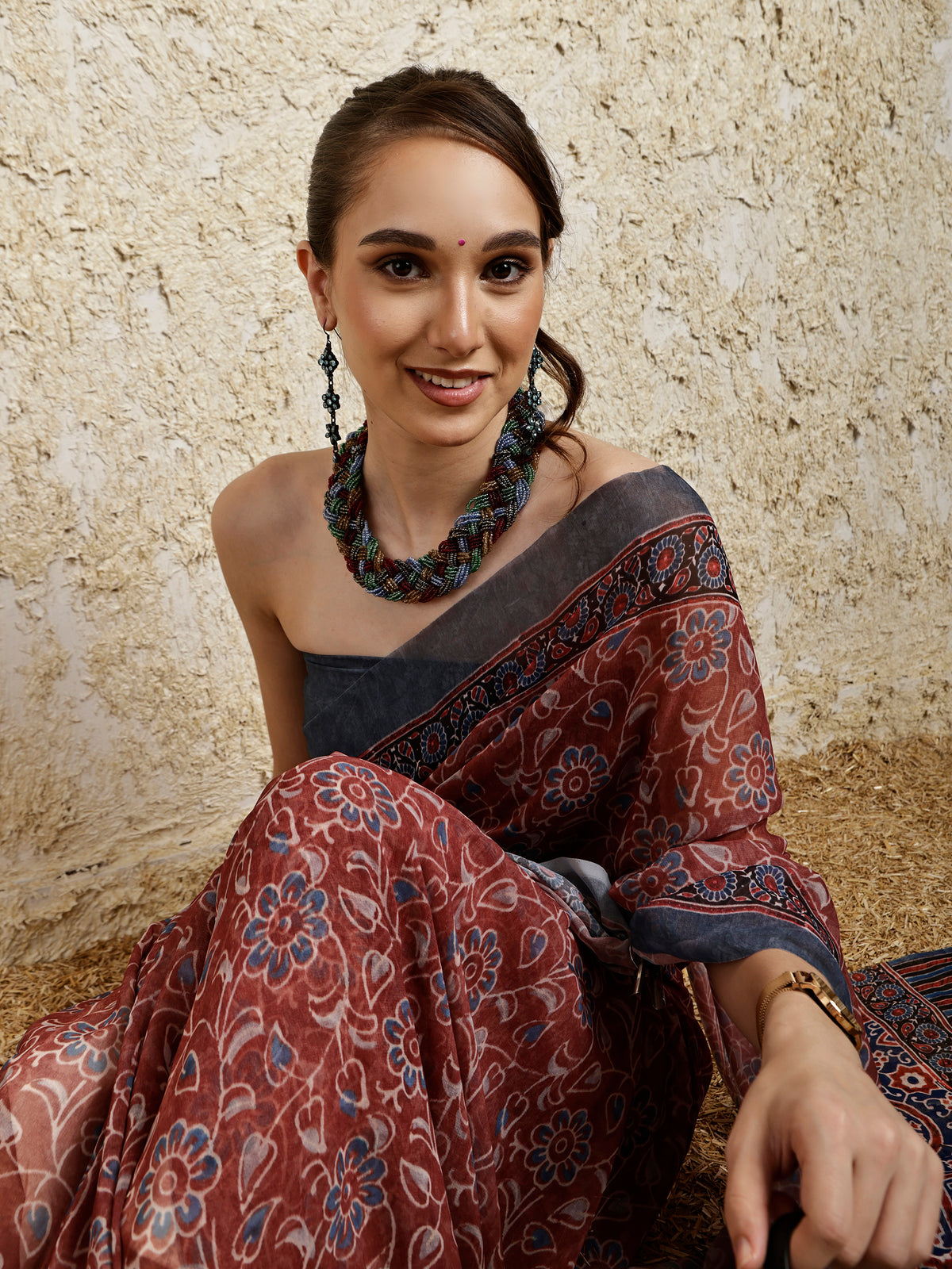 Ajrakh Printed Saree- Kahwa