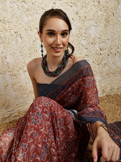 Ajrakh Printed Saree- Kahwa