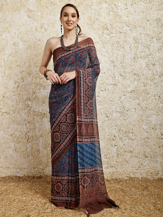 Ajrakh Printed Saree- Siyahi