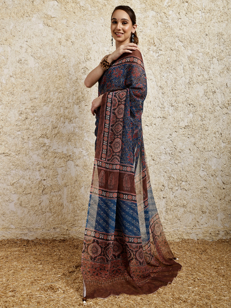 Ajrakh Printed Saree- Siyahi