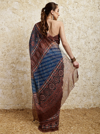 Ajrakh Printed Saree- Siyahi