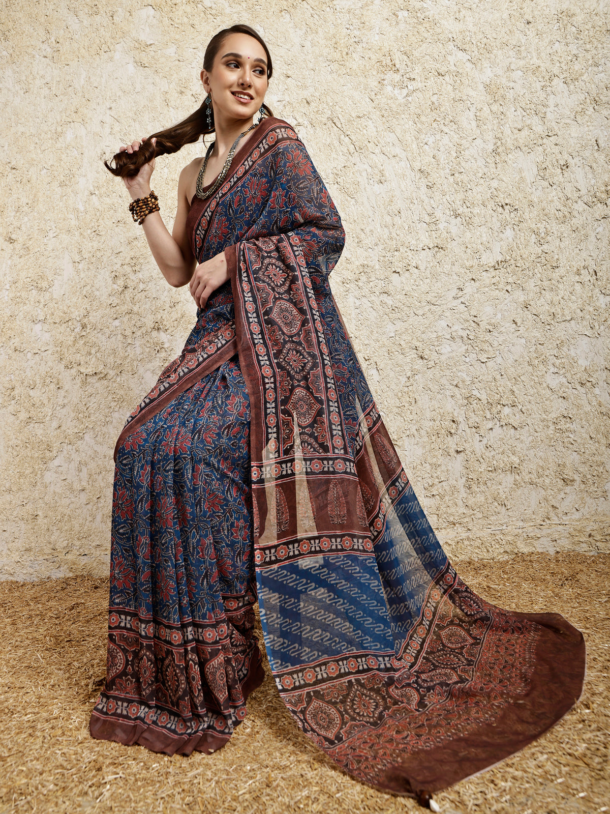 Ajrakh Printed Saree- Siyahi