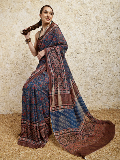 Ajrakh Printed Saree- Siyahi