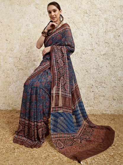 Ajrakh Printed Saree- Siyahi
