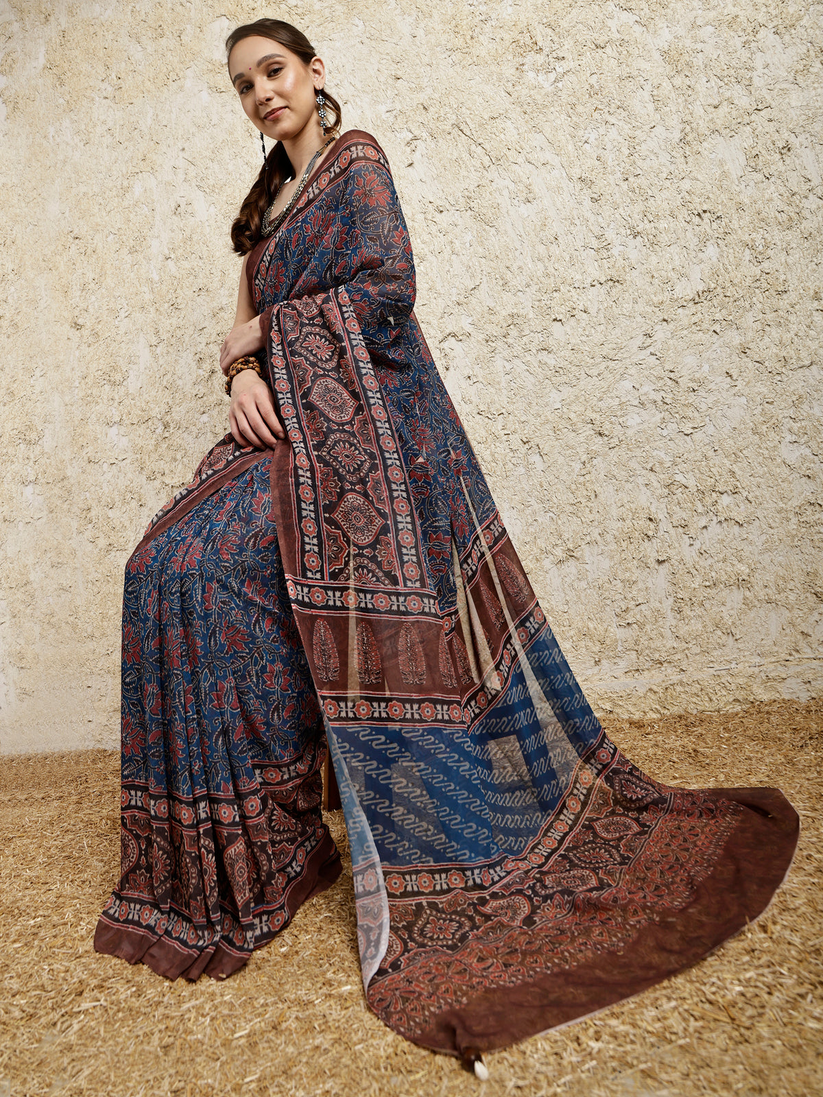 Ajrakh Printed Saree- Siyahi