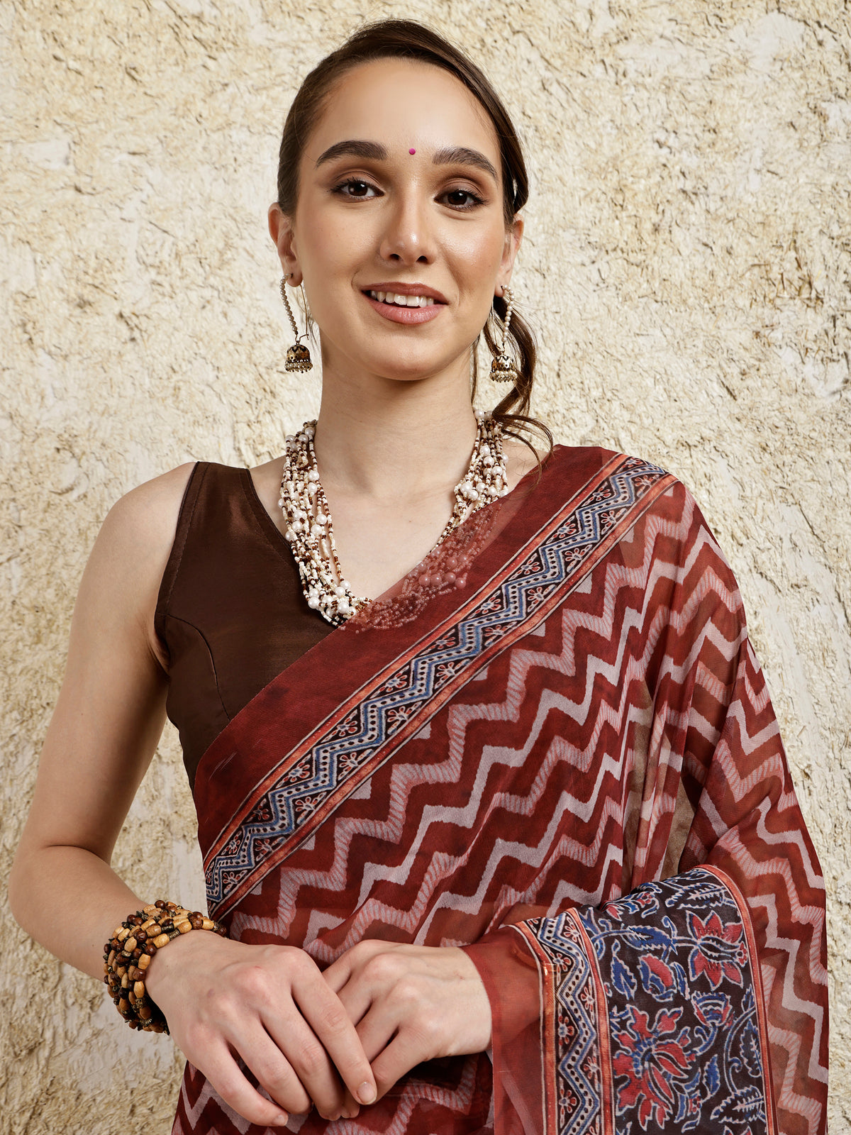 Ajrakh Printed Saree- Umber