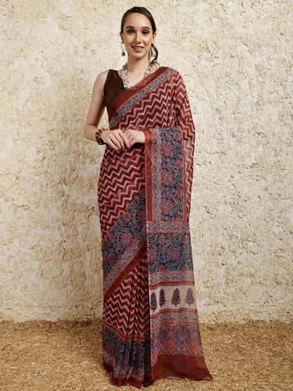 Ajrakh Printed Saree- Umber