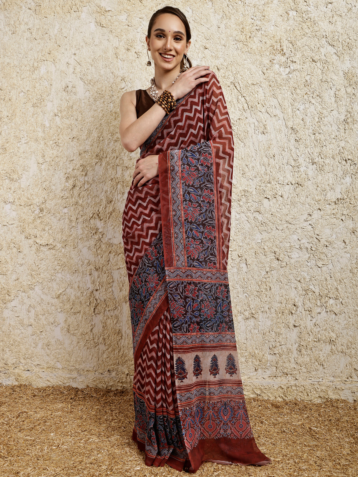 Ajrakh Printed Saree- Umber