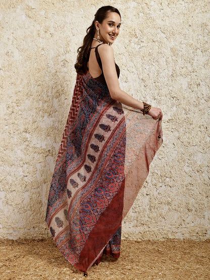 Ajrakh Printed Saree- Umber