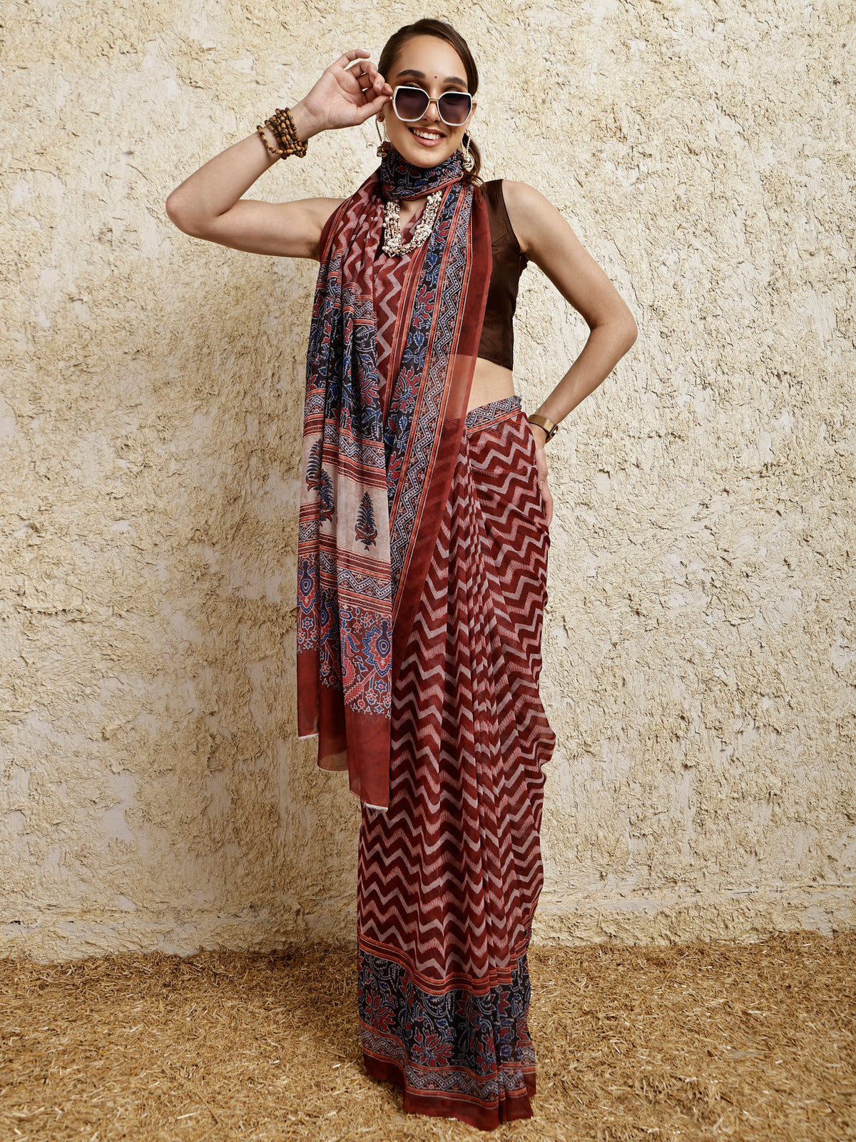 Ajrakh Printed Saree- Umber